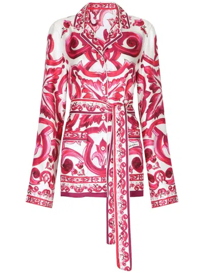 DOLCE & GABBANA MAJOLICA-PRINT BELTED SILK SHIRT