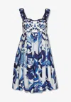 Dolce & Gabbana Majolica Print Bustier Mini Poplin Dress In Blue