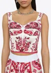 Dolce & Gabbana Majolica-print Crop Marquisette Bustier Top In Multicolor