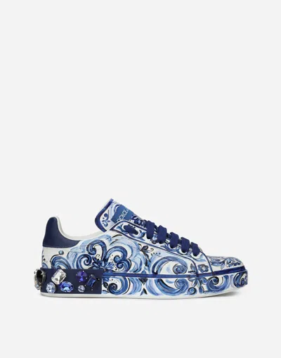 DOLCE & GABBANA MAJOLICA-PRINT CALFSKIN PORTOFINO SNEAKERS