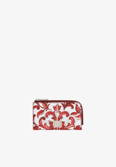 Dolce & Gabbana Majolica Print Calfskin Zip Cardholder In Multicolor