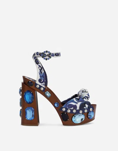 DOLCE & GABBANA MAJOLICA-PRINT CANVAS WEDGE SANDALS WITH GEMSTONES