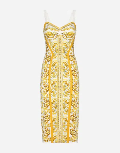 Dolce & Gabbana Majolica-print Charmeuse Corset Dress In Yellow