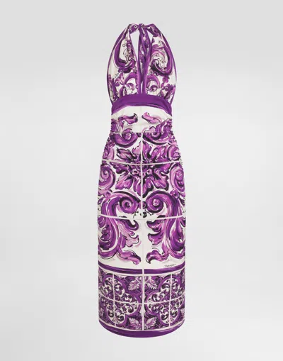 Dolce & Gabbana Abito In Charmeuse Stampa Maiolica In Purple