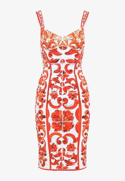 Dolce & Gabbana Majolica-print Charmeuse Short Dress In Orange