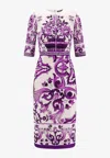 Dolce & Gabbana Maiolica Print Charmeuse Midi Dress In Purple
