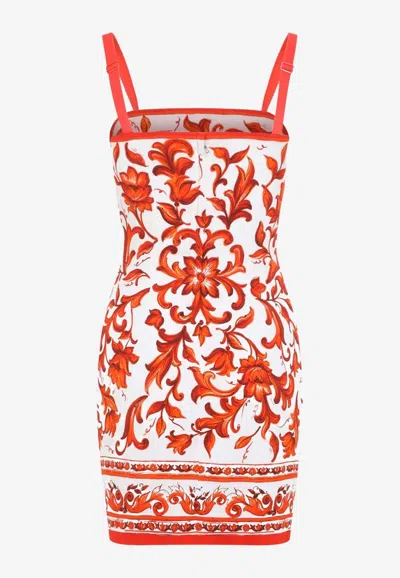 Dolce & Gabbana Majolica Print Charmeuse Mini Dress In Orange
