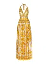 Dolce & Gabbana Maiolica Open-back Pleated Printed Silk-chiffon Halterneck Maxi Dress In Amarillo
