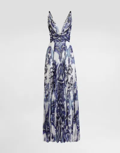 Dolce & Gabbana Majolica-print Chiffon Dress In Blue