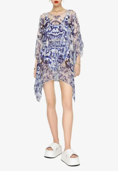 Dolce & Gabbana Majolica Print Chiffon Kaftan Dress In Blue