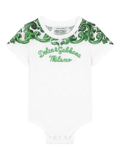 Dolce & Gabbana Babies' Majolica-print Cotton Bodysuit In White