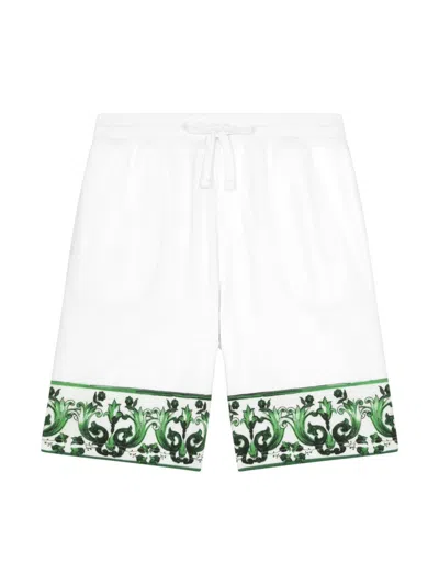 Dolce & Gabbana Kids' Majolica-print Cotton Drawstring Shorts In White