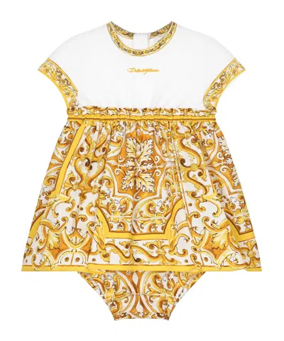 Dolce & Gabbana Poplin And Jersey Dress With Yellow Majolica Print In Multicolor