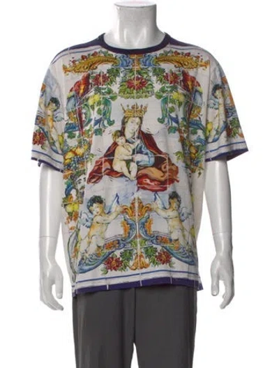 Pre-owned Dolce & Gabbana Majolica Print Crew Neck T-shirt In Blue