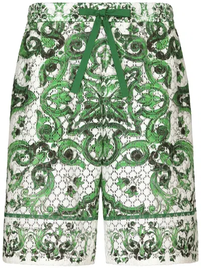 Dolce & Gabbana Crochet Lace Jogging Shorts With Majolica Print In Green
