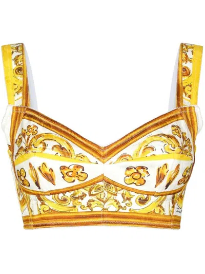 Dolce & Gabbana Majolica Poplin Corset Crop Top In Multicolor