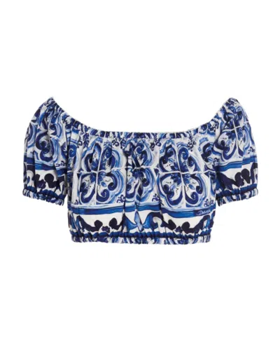 Dolce & Gabbana Majolica-print Cropped Blouse In Blue