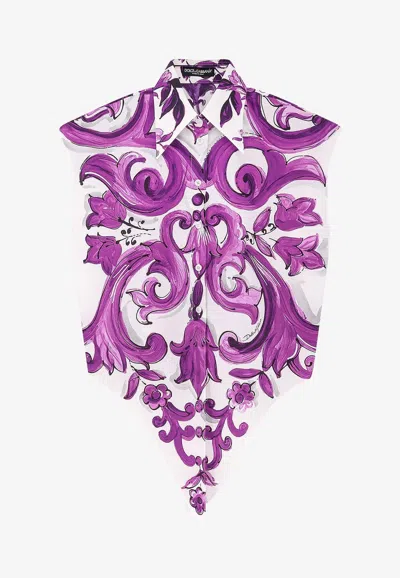 Dolce & Gabbana Majolica Print Cropped Poplin Shirt In Purple