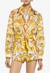 Dolce & Gabbana Maiolica Brocade Print Cropped Button-front Shirt In Yellow