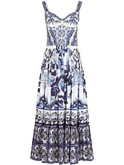 Dolce & Gabbana Fitted Majolica Print Sleeveless Dress In Blue