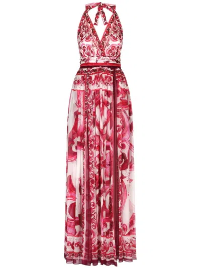Dolce & Gabbana Majolica-print Halterneck Maxi Dress For Women In Fuchsia