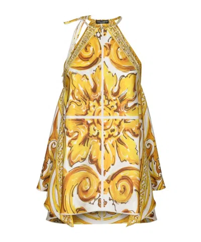 Dolce & Gabbana Silk Twill Brocade Print Top With Tie Neck In Multi