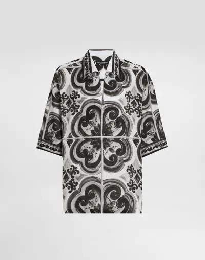 Dolce & Gabbana Camicia Hawaii In Lino Stampa Maiolica In Black