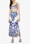 Dolce & Gabbana Majolica-print Charmeuse Calf-length Skirt With Slit In Blue