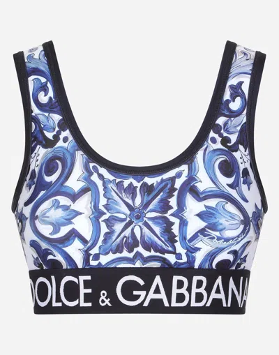 DOLCE & GABBANA MAJOLICA-PRINT JERSEY TOP WITH BRANDED ELASTIC