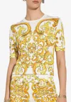 Dolce & Gabbana Short-sleeved Majolica-print Stretch Viscose Sweater In Yellow