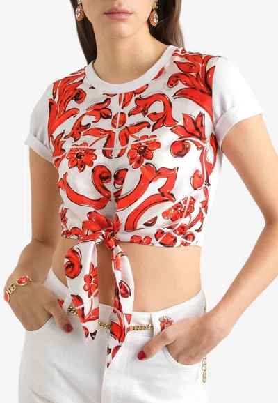 Dolce & Gabbana Majolica Print Knotted Cropped T-shirt In White