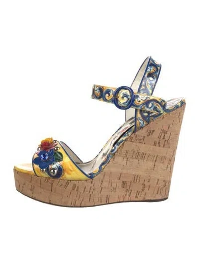 Pre-owned Dolce & Gabbana Majolica Print Leather Sandals In Yellow