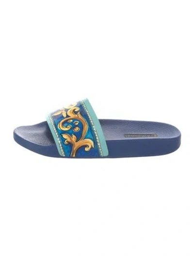 Pre-owned Dolce & Gabbana Majolica Print Leather Slides In Blue
