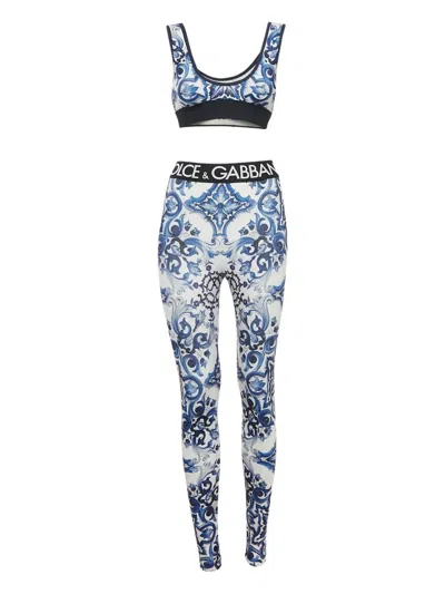 Pre-owned Dolce & Gabbana Majolica-print Leggings Set In Blue