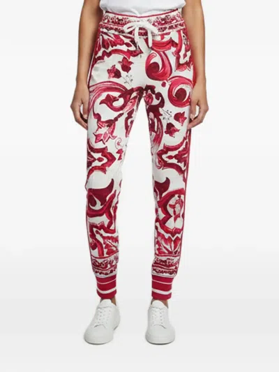Pre-owned Dolce & Gabbana Majolica Print Logo Tape Track Pants In White