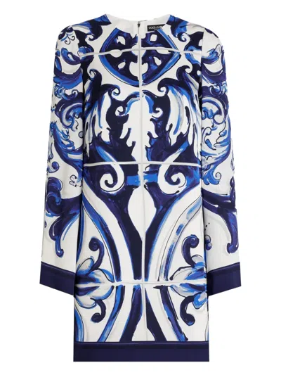 Dolce & Gabbana Majolica-print Long-sleeve Mini Dress In Blue