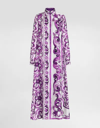 Dolce & Gabbana Dolce&gabbana Majolica Print Long Sleeve Silk Shirtdress In Purple