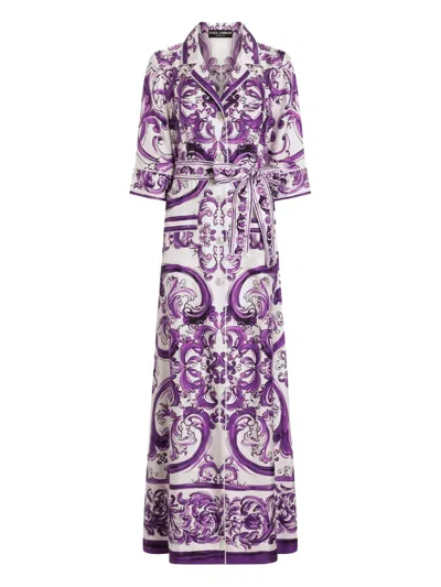 Dolce & Gabbana Printed Midi Dress Detachable Belt Waist In Purple
