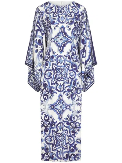 Dolce & Gabbana Maiolica-print Batwing-sleeve Dress In Blue