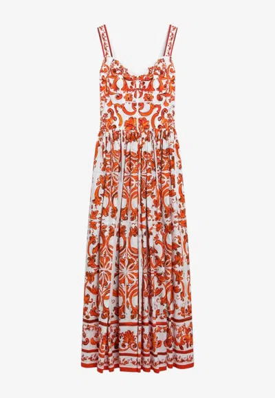 Dolce & Gabbana Majolica Print Maxi Poplin Dress In Orange