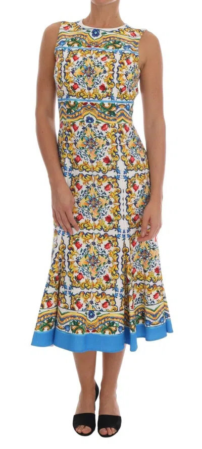 Dolce & Gabbana Majolica Print Midi Sheath Dress In White