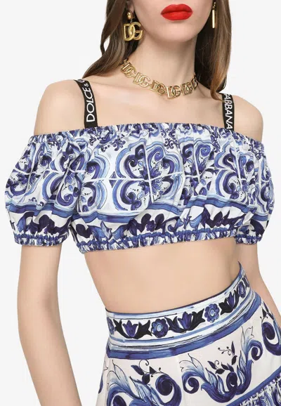 Dolce & Gabbana Majolica Print Off-shoulder Cropped Top In Blue