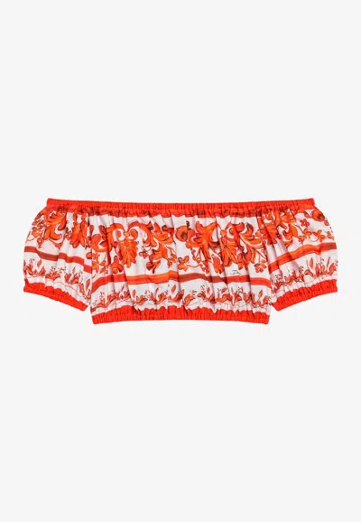 Dolce & Gabbana Majolica Print Off-shoulder Top In Orange