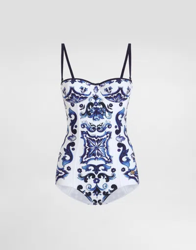 Dolce & Gabbana Majolica-print One-piece Swimsuit In White