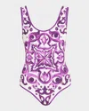 Dolce & Gabbana Majolica-print One-piece Swimsuit In Orange