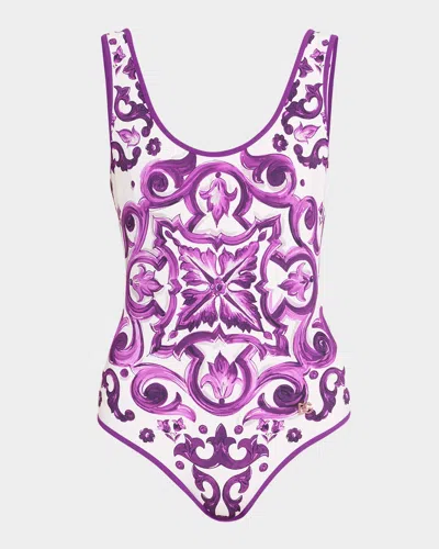 Dolce & Gabbana Majolica-print One-piece Swimsuit In Orange