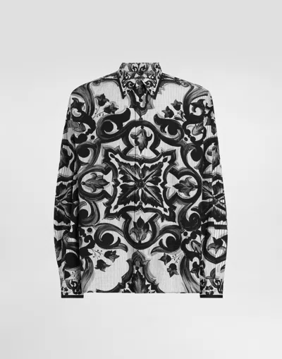 Dolce & Gabbana Majolica-print Oversized Striped Popeline Shirt In Black