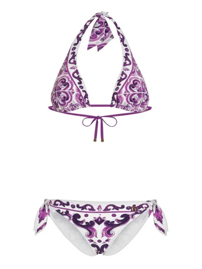 DOLCE & GABBANA MAJOLICA PRINT PADDED TRIANGLE BIKINI SWIMSUIT