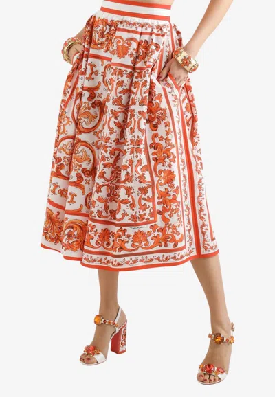 Dolce & Gabbana Majolica Print Pleated Midi Skirt In Orange