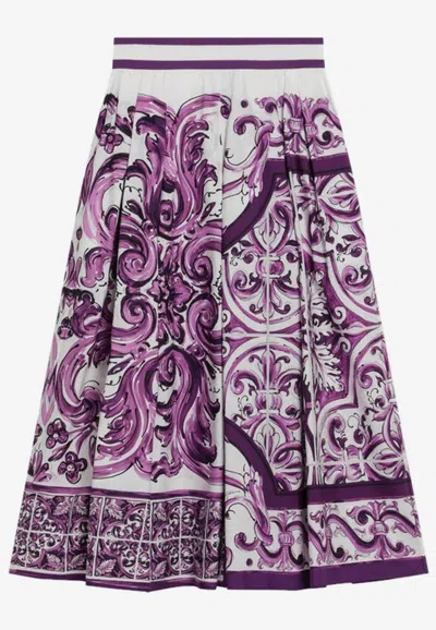 Dolce & Gabbana Majolica Print Pleated Midi Skirt In Purple